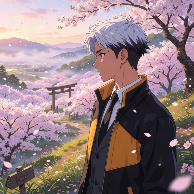 An anime-style illustration of a silver-haired young man in a black and yellow jacket standing among blooming cherry blossom trees, with a torii gate and mountains in the misty background, with a small 'idol' sign in the foreground.