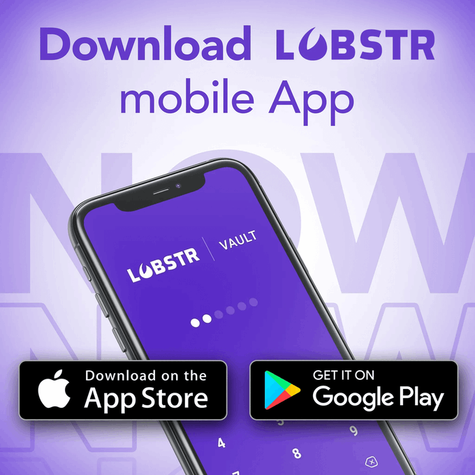 A promotional graphic invites users to "Download LOBSTR mobile App," featuring a smartphone displaying the LOBSTR Vault interface alongside App Store and Google Play download buttons. The image visually reinforces the post's message about LOBSTR Vault providing enhanced security and control for managing crypto assets.
