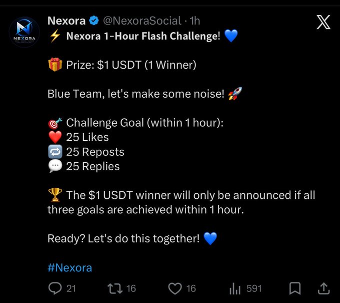 A screenshot of a Nexora social media post announcing a '1-Hour Flash Challenge' with a $1 USDT prize, requiring 25 likes, 25 reposts, and 25 replies within one hour.