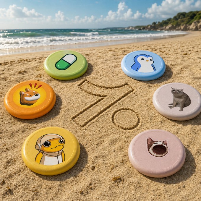 Six colorful tokens ($PUMP, $PENGU, $BONK, $CASHCAT, $POPCAT, $TURBO) are arranged on a sandy beach around "71%" drawn in the sand, with ocean waves rolling in the background, matching the post's playful "last days of summer pump" theme.