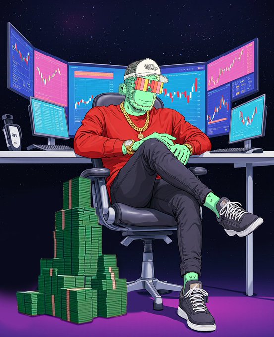 An illustration of a green-skinned character wearing a cap, gold chain, and sunglasses, sitting in a gaming chair surrounded by trading monitors and a large stack of cash.