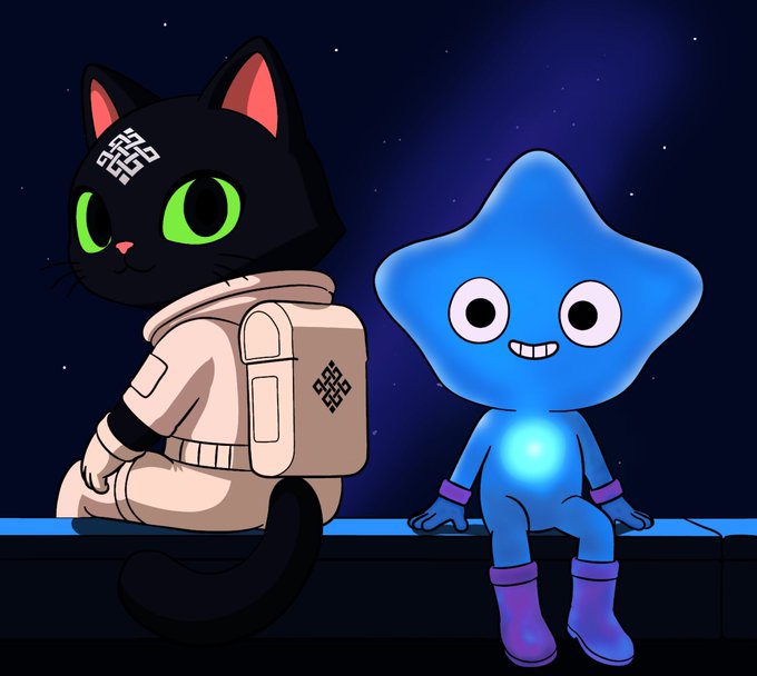 The image features two cartoon characters - a cat wearing a white outfit with a backpack, and another character that looks like a blue star. The cat appears to be sitting on top of a building while the other character is sitting next to her. Both characters are smiling at the camera, giving off an impression of friendship or companionship between them.