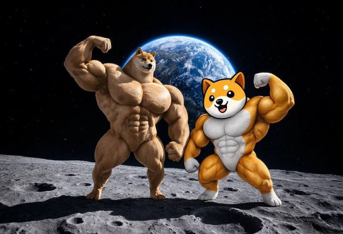 Two muscular, anthropomorphic Shiba Inu (Doge) characters flex their biceps on the lunar surface with Earth in the background, visually embodying the "strength" and steady growth of the $SWOGE community referenced in the post.