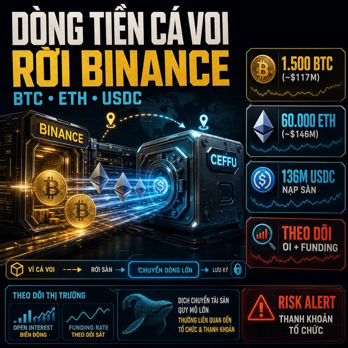 This image is an infographic in Vietnamese about large cryptocurrency transfers, with the headline "Dòng tiền cá voi rời Binance" (Whale funds leaving Binance), highlighting specific amounts: 1,500 BTC (~$117M), 60,000 ETH (~$146M), and 136M USDC being moved between Binance, Ceffu, and an unidentified wallet.

The post's caption directly elaborates on the infographic, detailing that over 1,500 BTC and nearly 60,000 ETH were transferred from Binance to Ceffu, while a separate unidentified wallet deposited 136M USDC during the same timeframe, emphasizing the significance of these large-scale asset movements.