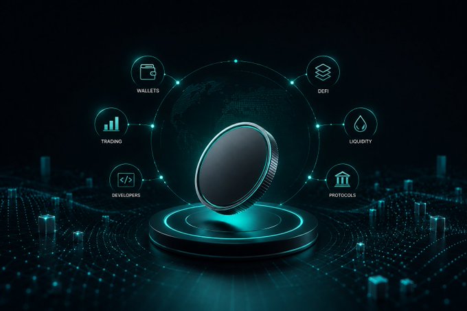 A digital illustration of a black coin on a glowing pedestal surrounded by interconnected icons representing crypto concepts including WALLETS, TRADING, DEVELOPERS, DEFI, LIQUIDITY, and PROTOCOLS.