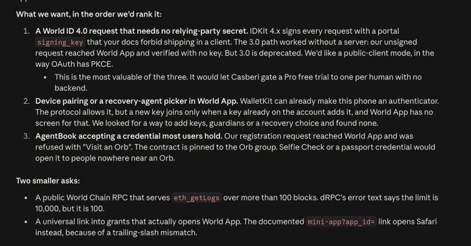 A dark-themed screenshot of a GitHub issue or discussion listing three numbered requests (World ID 4.0 request, device pairing, AgentBook) and two smaller asks regarding World App functionality.