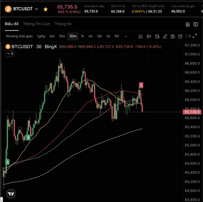 A 30-minute BTCUSDT candlestick chart on BingX shows Bitcoin trading at $65,736.6, down 0.94%, with recent price action testing resistance near $66,400 (marked with an "S" sell signal) after rebounding from lows around $64,200, illustrating the short-term retracement wave the post suggests will precede a larger drop.