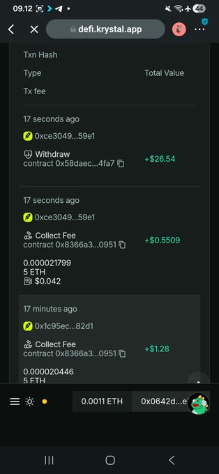 A mobile screen showing cryptocurrency transaction history on defi.krystal.app, including a withdrawal of $26.54 and collect fees in ETH.