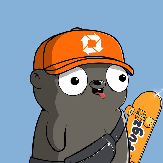 A cartoon character depicting a black seal or similar animal wearing an orange cap with a logo and carrying an orange 'rugz' skateboard.