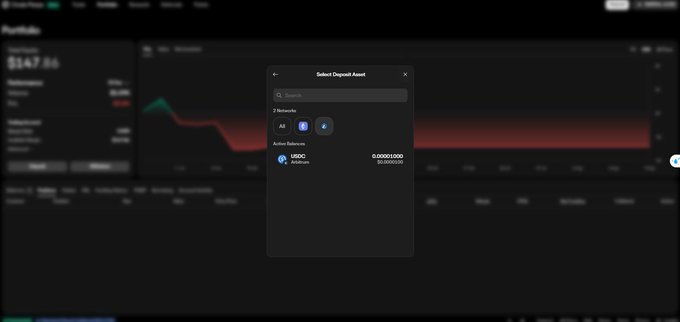 A screenshot of a cryptocurrency trading platform showing a 'Select Deposit Asset' modal with the USDC token (Arbitrum network) selected.