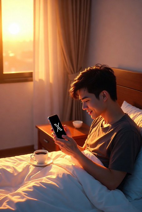 A young man smiling while looking at his smartphone (displaying an X logo) on a bed, with warm golden sunlight streaming through a window and a coffee cup on the nightstand.