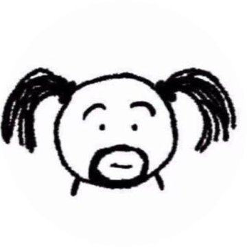A crude black-and-white hand-drawn sketch of a round face with pigtails, dot eyes, and a wide-open mouth showing teeth.