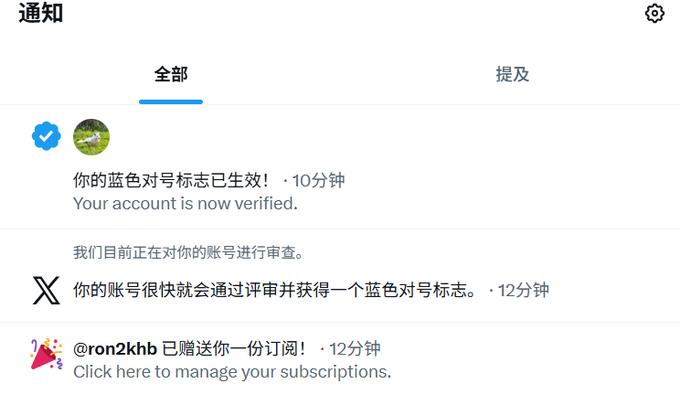 A Chinese-language Twitter notifications screen showing that the user's blue checkmark account is now verified, with a message from @ron2khb gifting a subscription.