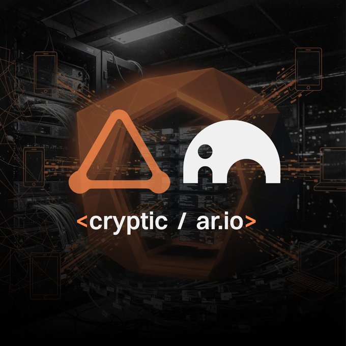 The image features a logo for Cryptic, which is an acronym that stands for "Cryptic/ar.io", and an image of an elephant with a triangle above its head. The text below the logo reads "Cryptic x ar.io". This suggests that Cryptic is a company focused on developing products related to communication and value exchange, particularly in the context of human or agent-based systems.