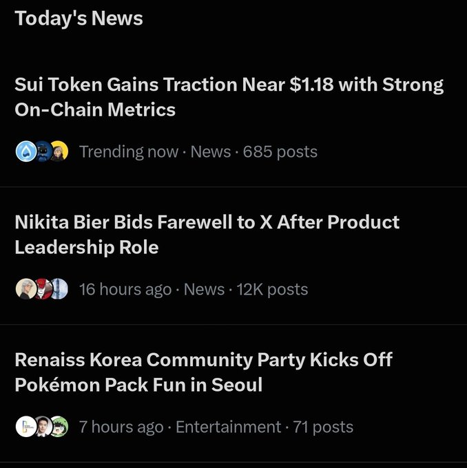 A 'Today's News' feed screenshot showing three headlines: Sui Token gains near $1.18, Nikita Bier bids farewell to X after a product leadership role, and a Renaissance Korea Community Party event in Seoul.