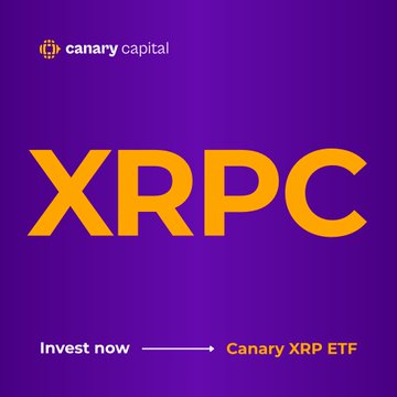 A promotional graphic with a purple gradient background displays "XRPC" in bold orange text, with the Canary Capital logo at the top and a "Invest now" call-to-action pointing to the "Canary XRP ETF" at the bottom, advertising the first spot XRP ETF in the U.S. as referenced in the post.