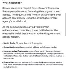 Document titled 'What happened?' describing how Revolt received a customer information request from a legitimate government agency and a subsequent authentication bypass incident with details on identity, contact, documents, and financial data.