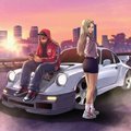 Two stylized video game characters, one in a red hooded jacket sitting on a white sports car and another in a purple outfit standing beside it, set against a sunset cityscape.