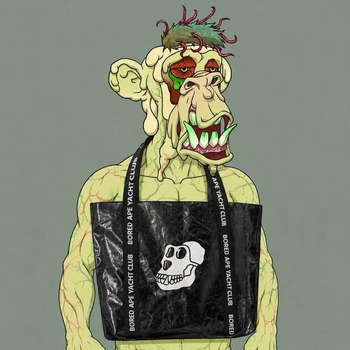 The post celebrates acquiring a Bored Ape Yacht Club (BAYC) NFT tote bag, branded with "BORED APE YACHT CLUB" text and featuring the collection's iconic skull logo. The illustration cleverly shows a grotesque ape character wearing the black tote, connecting the merchandise purchase to the BAYC NFT community the user is thanking.