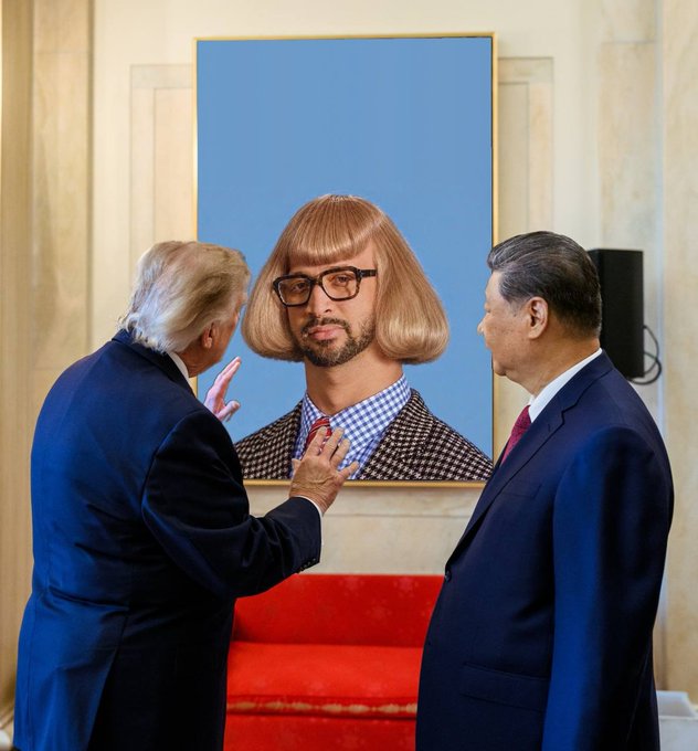 Two men in suits stand in profile facing each other in front of a large blue portrait of a bearded figure wearing glasses and a houndstooth jacket, alongside a red sofa.