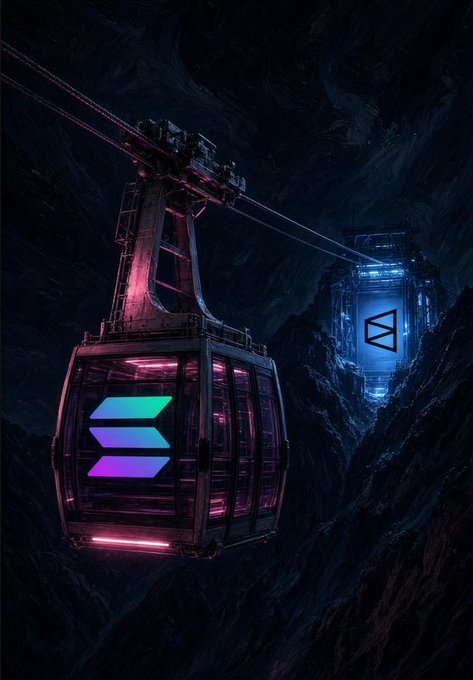 A cyberpunk-style digital artwork showing two cable cars suspended in a dark mountainous canyon at night, with the closer car glowing pink/magenta and displaying a Solana (SOL) logo, while a second car in the distance glows blue and displays the Avalanche (AVAX) logo.