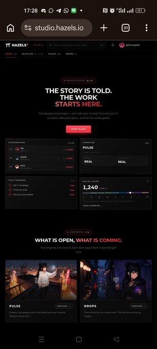 A mobile view of the studio.hazels.io website featuring a 'Hazels Studio' header, the text 'THE STORY IS TOLD. THE WORK STARTS HERE.', and sections for leaderboards, token terminals, and social scores.