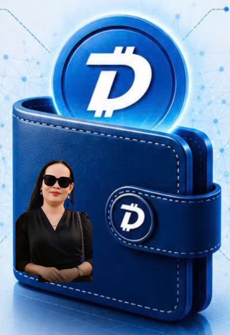 A woman wearing sunglasses poses beside a large blue digital wallet displaying the DigiByte ($DGB) cryptocurrency logo, illustrating the post's caption "$DGB - DigiByte My Love."