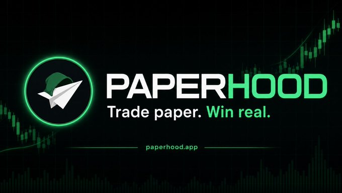 A banner for PaperHood with a paper plane logo, displaying the tagline 'Trade paper. Win real.' and website 'paperhood.app' against a green candlestick chart background.