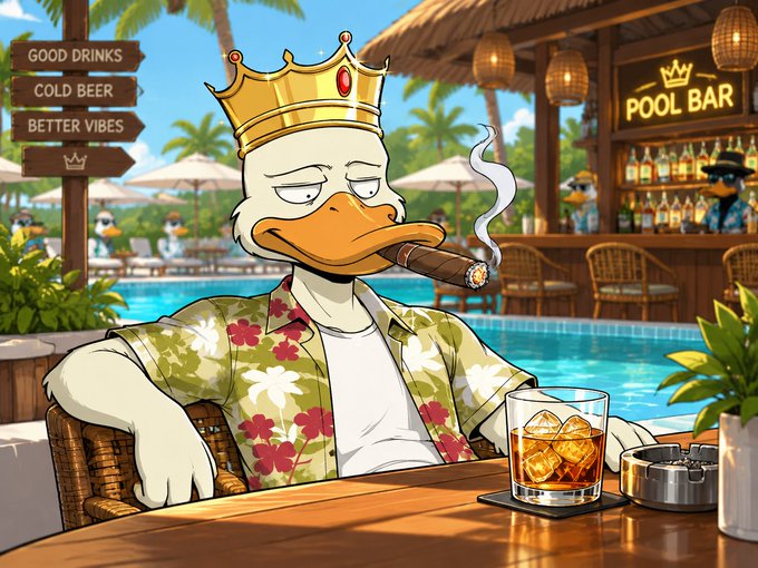A cartoon duck wearing a crown, Hawaiian shirt, and smoking a cigar sits at a pool bar with a glass of whiskey, next to signs reading 'GOOD DRINKS COLD BEER BETTER VIBES' and a 'POOL BAR' neon sign.