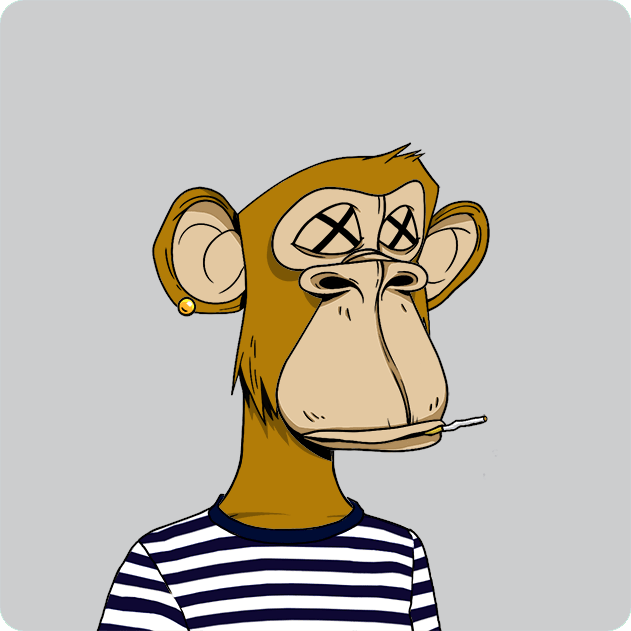 A cartoon illustration of a Bored Ape-style NFT monkey with 'X' eyes, a brown coat, and a cigarette in its mouth, wearing a blue and white striped shirt against a plain gray background.