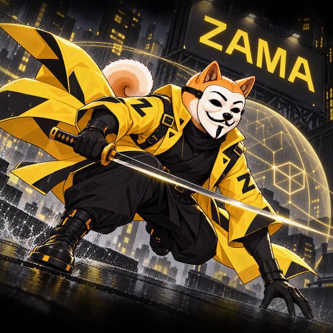 Digital illustration of an anthropomorphic dog or fox character dressed as a ninja in yellow and black attire, wielding a katana, with the word "ZAMA" prominently displayed in the background.