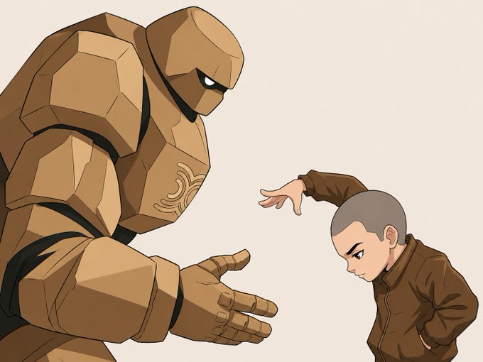 An animated illustration depicting a large, tan, rock-like armored figure with a swirl emblem on its chest extending an open hand toward a smaller, bald human in a brown jacket who is bowing slightly.