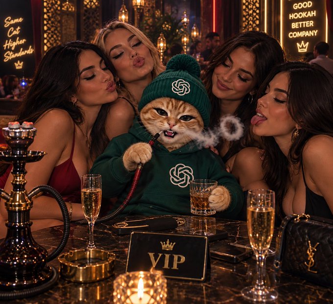 An AI-generated scene featuring a cat wearing a green hoodie and beanie smoking a hookah, surrounded by four attractive women at a VIP lounge, with neon signs reading 'Same Cat Higher Standards' and 'GOOD HOOKAH BETTER COMPANY', and a 'VIP' placard on the table.