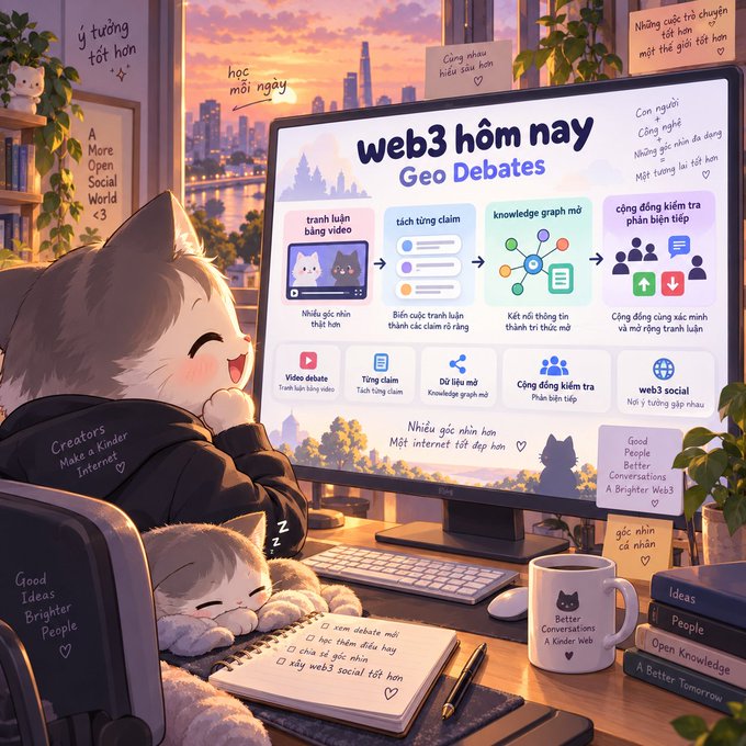Illustration of a cartoon character working at a computer displaying 'web3 hôm nay Geo Debates' in Vietnamese, with a sleeping cat beside the keyboard.