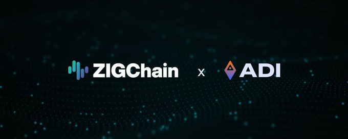 A dark, digital-themed promotional graphic displays the logos "ZIGChain" (with a blue soundwave-style icon) and "ADI" (with an orange and purple geometric diamond icon) joined by a white "×" symbol, set against a black background scattered with glowing teal particles that suggest a blockchain or tech network.

The image visually represents the ZIGChain × ADI collaboration mentioned in the post, serving as the announcement header for this partnership that the author suggests stands out from typical resource-swap collaborations as potentially industry-reshaping.
