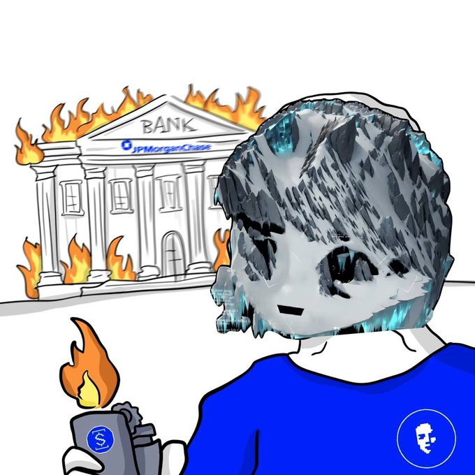 A stylized figure with a glitchy, ice-like head holds a burning lighter, standing in front of a burning JPMorgan Chase bank building. The cartoonish imagery of destruction and financial chaos ironically contrasts with the post's announcement of a new USDC yield vault backed by real-world asset collateral.