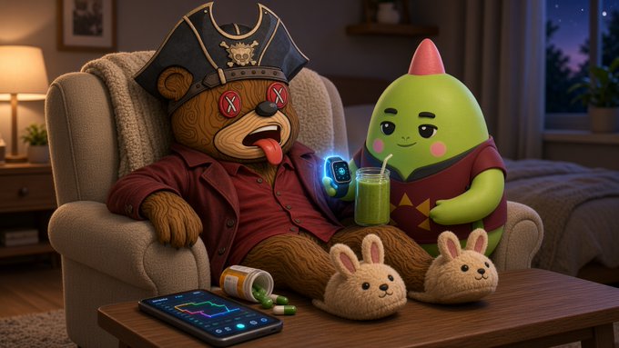 A 3D-rendered scene showing a pirate teddy bear with X-eyed buttons and a green dinosaur-like character sitting on a couch, surrounded by plush bunnies, with spilled pills and a smartphone on the coffee table.