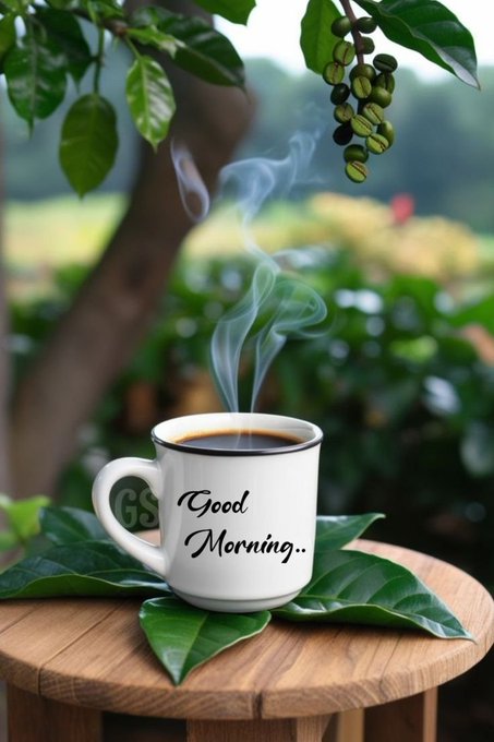 A steaming white mug labeled 'Good Morning..' placed on a wooden table with green leaves, set in an outdoor garden setting with coffee plants visible in the background.