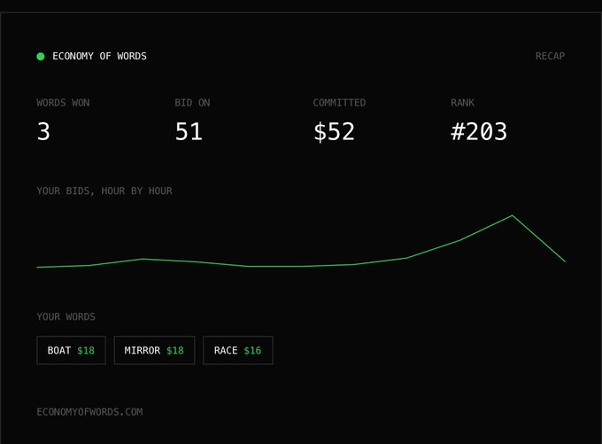 The image shows a dashboard from "Economy of Words" displaying the user's bidding performance with 3 words won, 51 bids on, $52 committed, and a rank of #203, along with a line graph of hourly bids and the words won: "BOAT" ($18), "MIRROR" ($18), and "RACE" ($16). The post reflects on winning only 3 words while highlighting this visualizevalue project by Jack Butcher, with the stats directly corresponding to their modest but successful participation in the word auction.