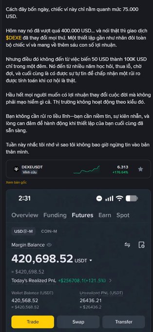 A Vietnamese-language trading post discussing the DEXUSDT coin's price drop and showing a Binance portfolio with a margin balance of 420,698.52 USDT and a realized profit of +$256,708 (+121.5%).