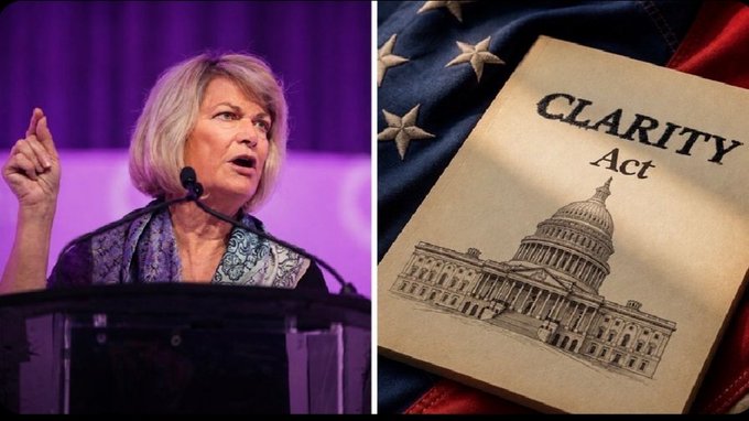 The image shows Senator Cynthia Lummis speaking at a podium on the left, paired with a graphic on the right displaying a document titled "CLARITY Act" over an American flag and the U.S. Capitol illustration. The visuals directly illustrate the post's message, highlighting Lummis's push for Congress to pass the CLARITY Act before the legislative window closes ahead of 2030.