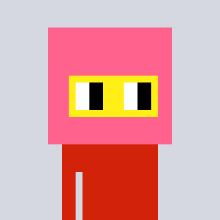 A minimalist pixel art character with a pink square head, two black pixel eyes on a yellow visor, and a red rectangular body set against a gray background.