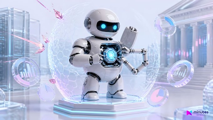 A 3D illustration features a cute white robot with blue glowing eyes holding a glowing blue core, surrounded by data visualizations like charts and pie graphs in a futuristic setting, with a 'minutus' watermark in the corner.