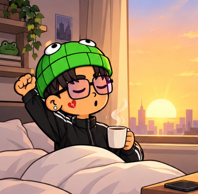 Cartoon illustration of a person wearing a green frog hat, drinking from a mug while sitting in bed with a sunset cityscape visible through the window.