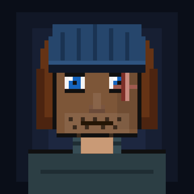 A pixel art portrait of a dark-skinned character with blue dreadlocks, a pink scar over the right eye, and a stitched mouth, set against a dark blue background.