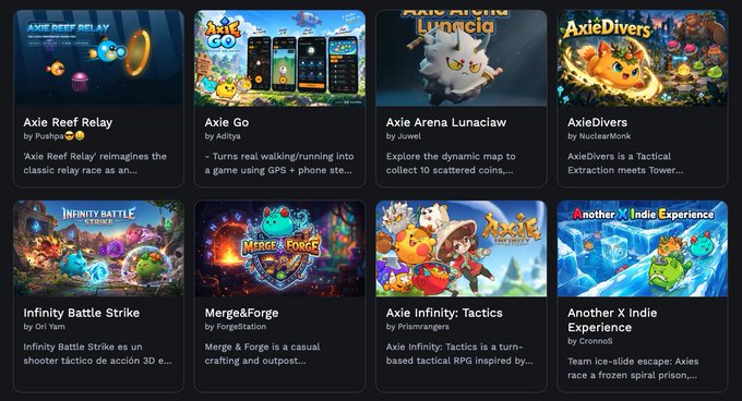 A grid displays eight Axie-themed community-built games from the Axie Games Hub, including titles like "Axie Reef Relay," "Axie Go," "Axie Arena Lunaciaw," "AxieDivers," "Infinity Battle Strike," "Merge&Forge," "Axie Infinity: Tactics," and "Another X Indie Experience," each credited to developers such as Pushpux, Aditya, Juwell, NuclearMonk, Ori Yam, ForgeStation, Prismrangers, and Dromoeo. The image illustrates the announcement of 18 new Axie games released as part of the final batch from the Axie Vibeathon, expanding the hub to 90 total community games.