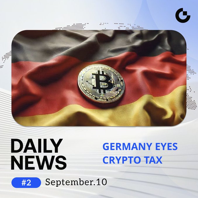 A 'Daily News #2 September.10' graphic with the headline 'GERMANY EYES CRYPTO TAX', featuring a Bitcoin coin on a German flag.