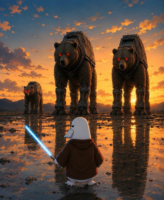 A scene showing a small character with a blue lightsaber facing three massive mechanical bears with glowing red eyes at sunset.