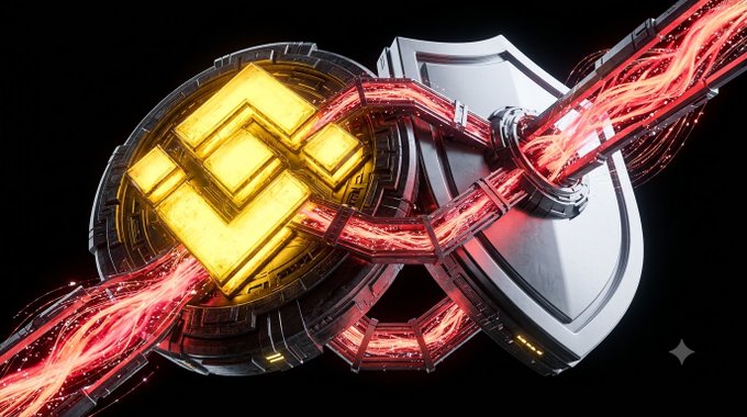 A 3D rendered logo featuring a golden Binance 'B' symbol chained with red energy/light streams to a silver shield on a black background.