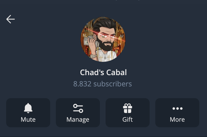 A dark-themed channel page for “Chad’s Cabal” shows 8,832 subscribers and buttons labeled “Mute,” “Manage,” “Gift,” and “More.” The accompanying “$10 SOL GIVEAWAY” post asks users to engage with the quoted tweet and post their address, with the giveaway to be sent in a few minutes.